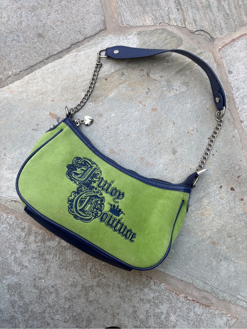 Vintage Juicy Couture Green Suede Mini Shoulder Bag with Navy leather Trim